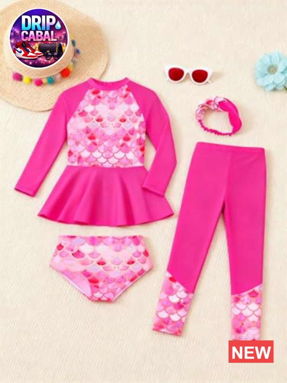 Girls Long Sleeve Rash Guard 4 Piece Swimsuit Set UPF 50 Sun Protection Swimwear - Picture 3 of 6